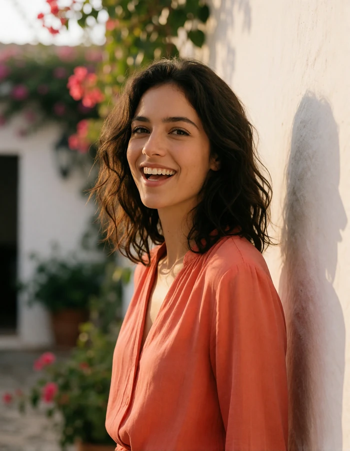 Spanish woman in her late twenties with wavy dark hair and a coral blouse laughing warmly in a whitewashed Sevillian courtyard