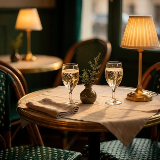 Small bistro table in Luxembourg City set with sparkling water, linen napkins and a sprig of greenery
