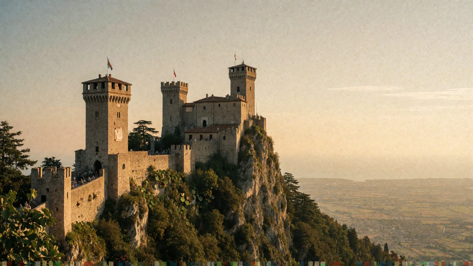 Wide golden-hour view of the three medieval fortress towers of San Marino crowning a limestone ridge above the Italian plain
