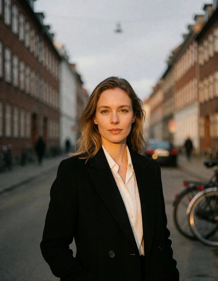 Danish woman in her mid-thirties with dark-blonde hair in a tailored black coat on a quiet brick street