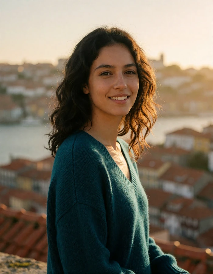 Portuguese woman in her late twenties with wavy dark hair and a teal sweater against a blurred Porto hillside