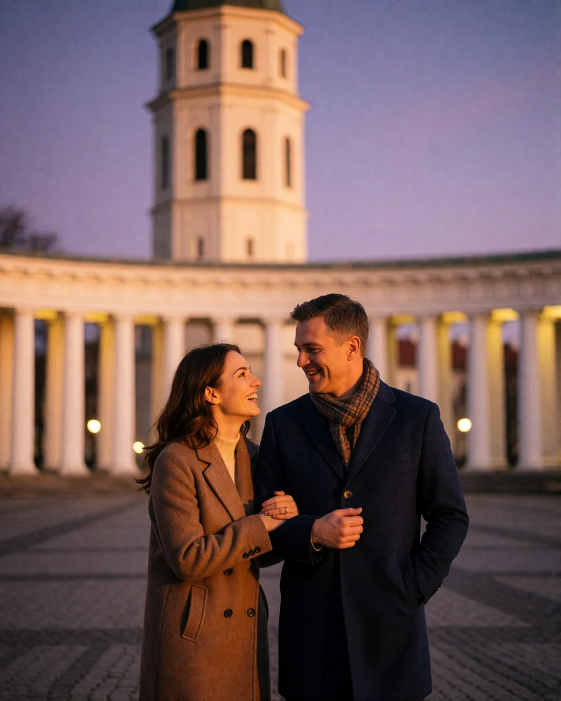 Couple walking arm in arm across Vilnius Cathedral Square at dusk with the bell tower in soft focus behind them