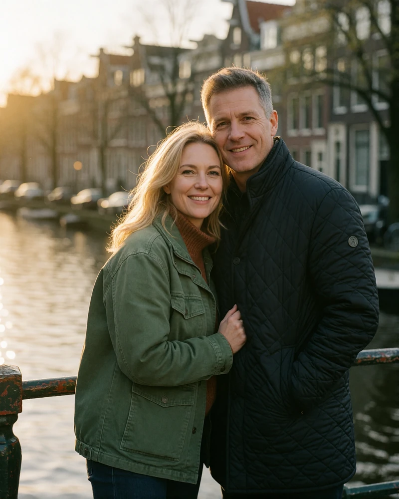 Couple in their late thirties standing together on an Amsterdam canal bridge at golden hour