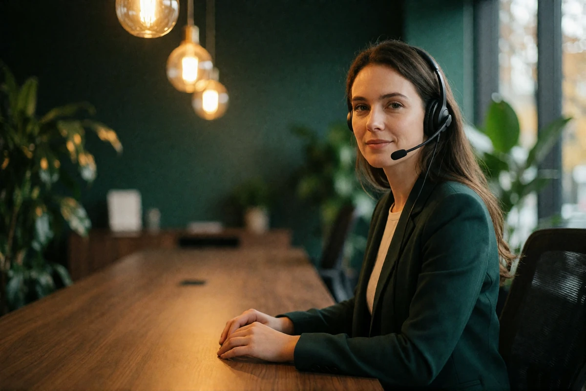 Support specialist in a headset working attentively at a calm modern desk reviewing member accounts