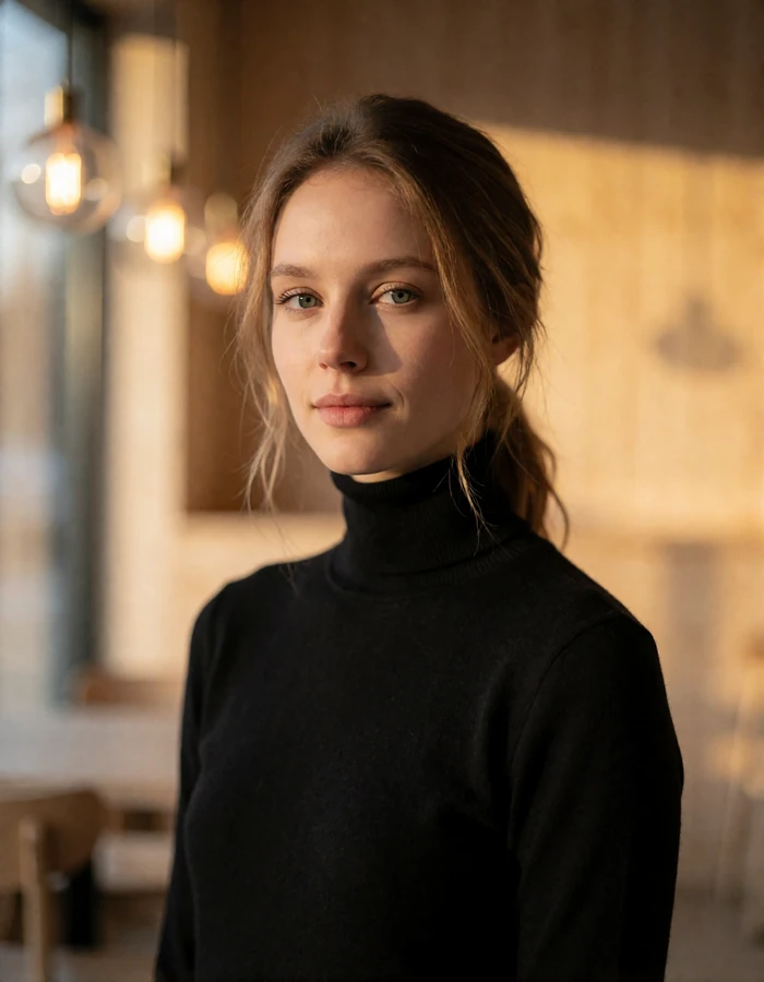 Danish woman in her late twenties with light-brown hair in a low ponytail inside a minimal Scandinavian cafe