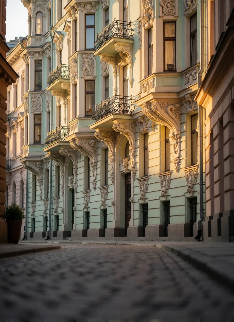 Ornate Art Nouveau facades along a Riga boulevard with sculpted stone reliefs and wrought-iron balconies