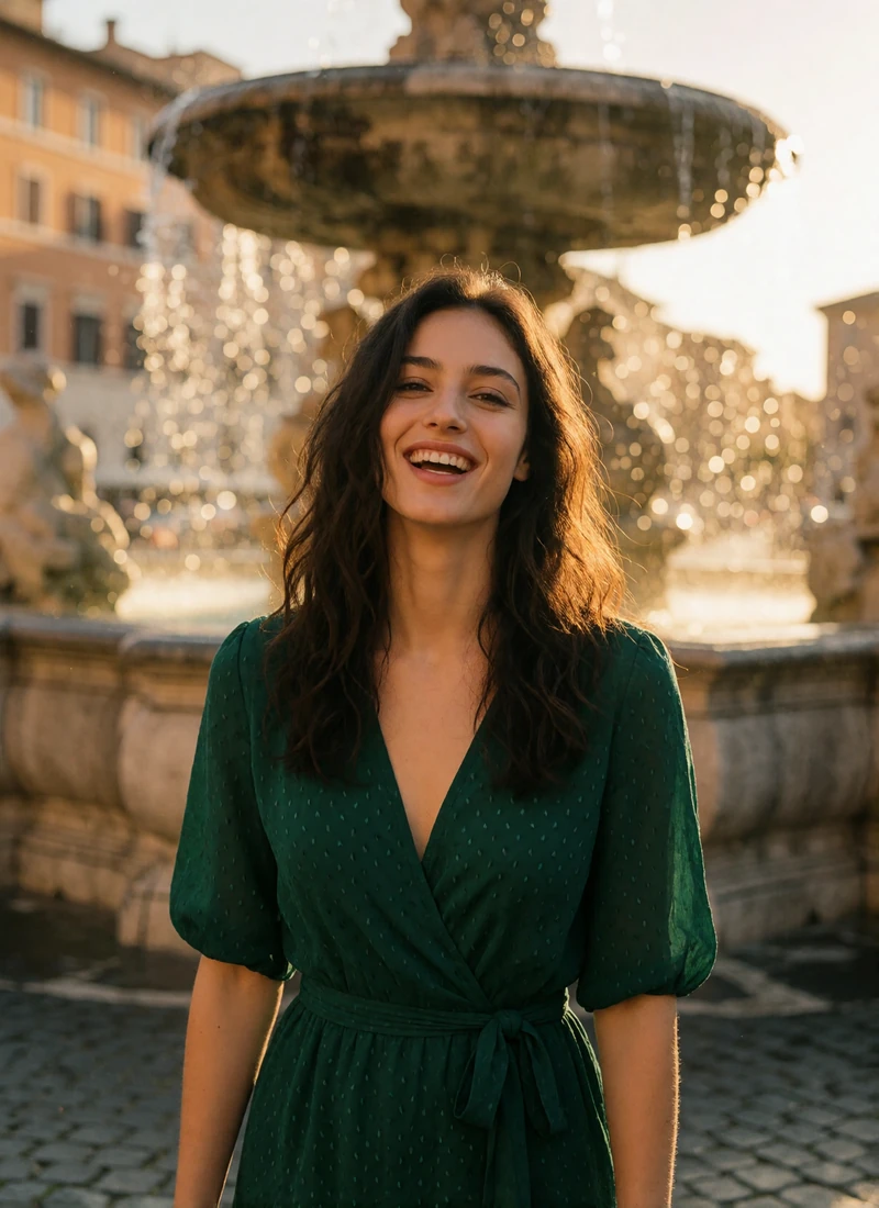 Italian woman with long dark waves in a green wrap dress laughing in a Roman piazza