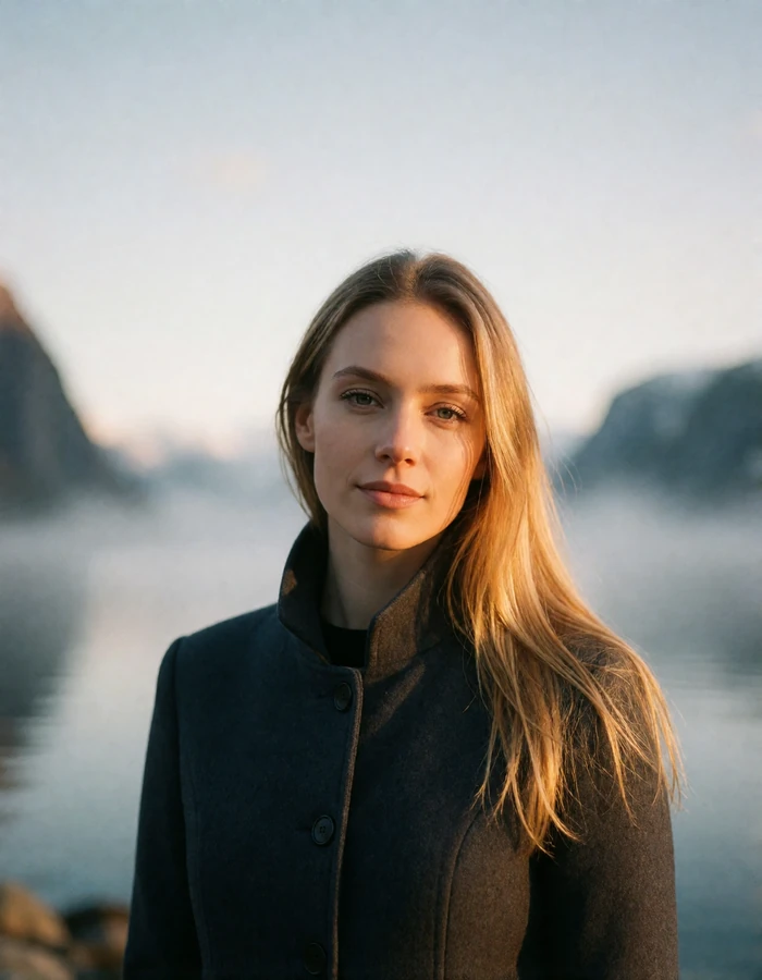 Norwegian woman in her late twenties with golden-blonde hair in front of a broad fjord with steep dark slopes