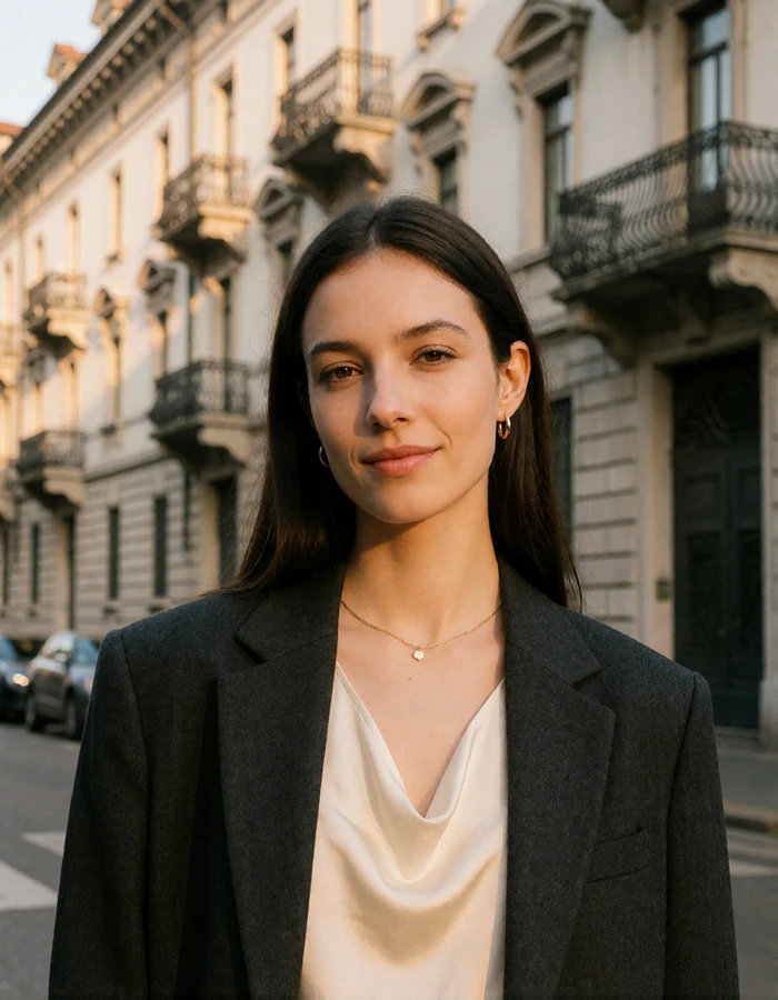 Italian woman in her late twenties with dark straight hair and a charcoal blazer in front of a Milanese neoclassical street
