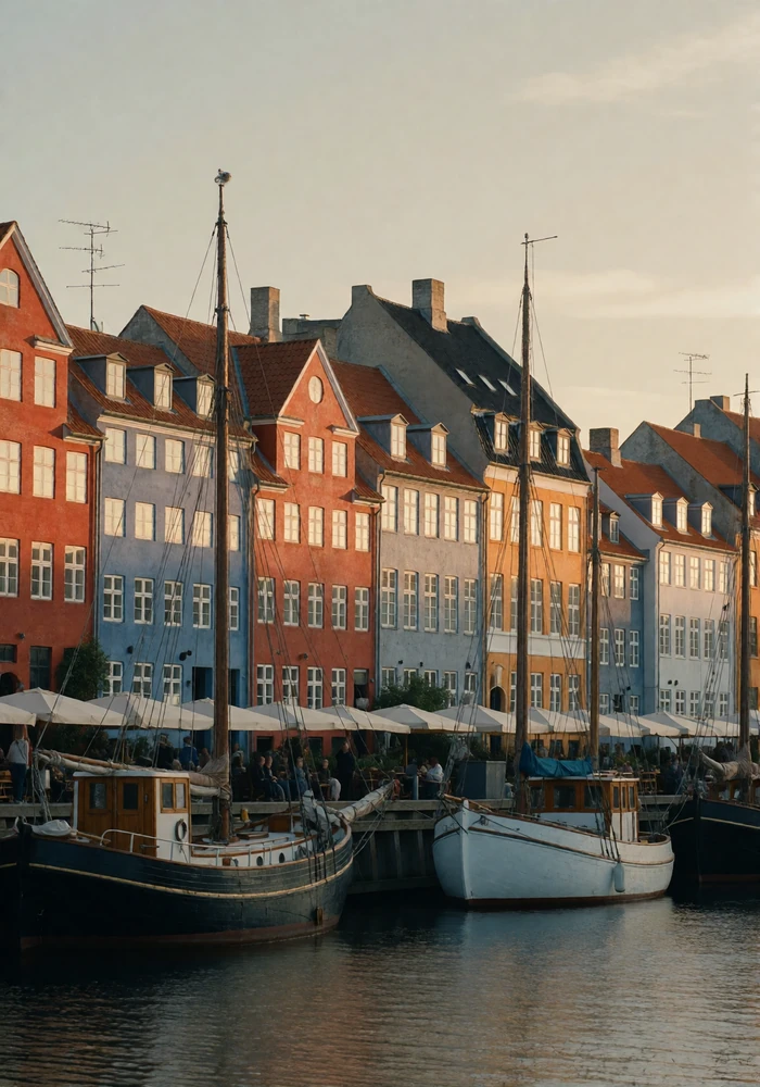 Tall narrow harbor houses in muted red and ochre along a Copenhagen quay