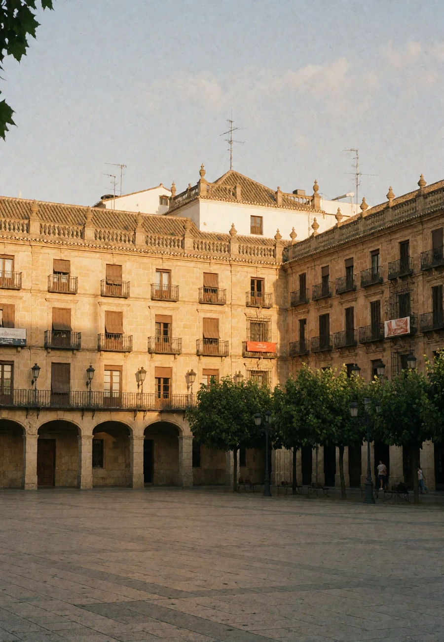 Grand Spanish plaza at golden hour with ornate stone facades and orange trees