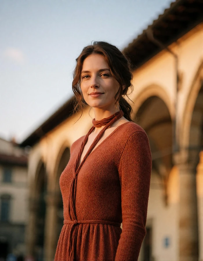 Italian woman in her early thirties with chestnut hair and a rust-colored knit dress in front of Florentine sandstone arcades