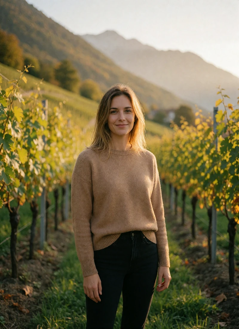 Woman in her early thirties with dark blonde hair standing at the edge of a hillside vineyard near Vaduz