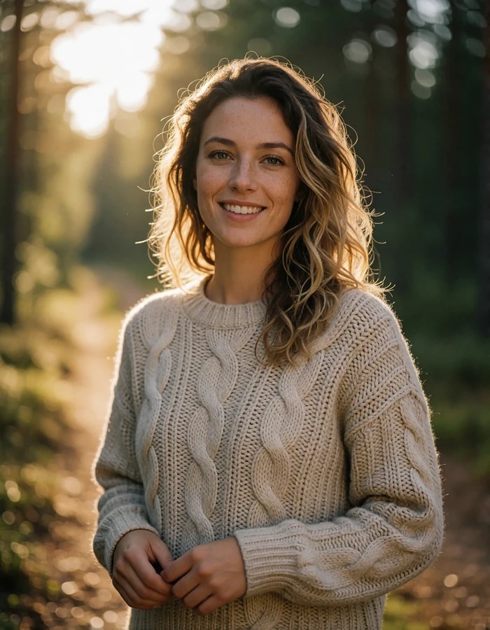 Norwegian woman in her early thirties with wavy dark-blonde hair on a pine forest trail