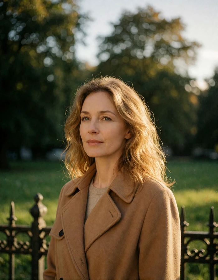 Belgian woman in her forties with wavy honey-blonde hair and a camel trench coat beside a park fence