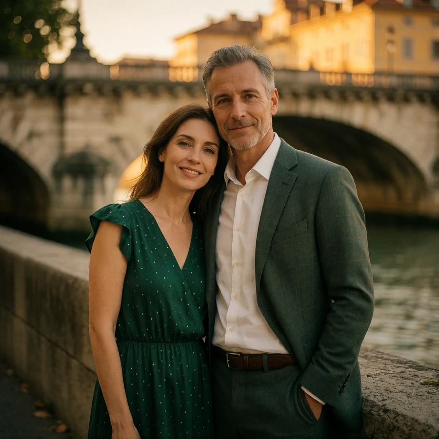 Couple in their forties standing close together on a European riverside walkway at golden hour