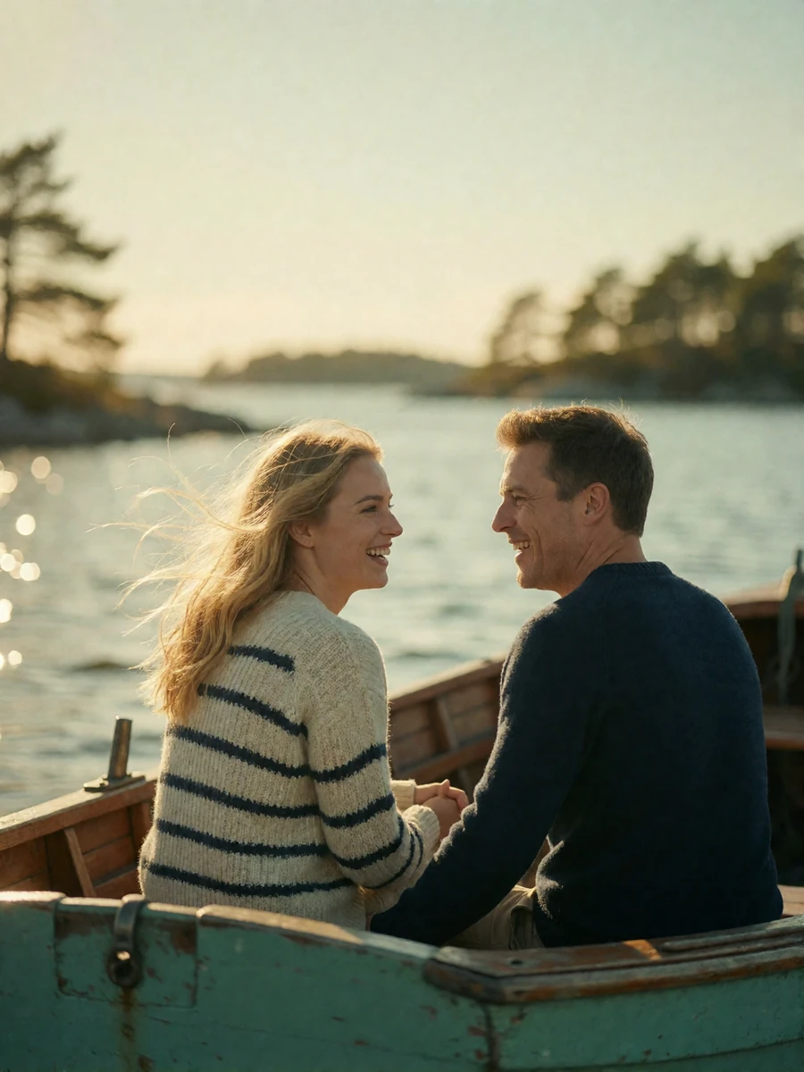 Couple laughing together at the stern of a small wooden boat in the Swedish archipelago with pine-covered islands in the distance