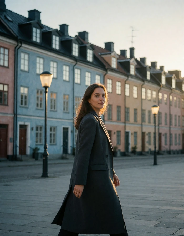 European woman walking along an elegant Nordic city street in late afternoon light