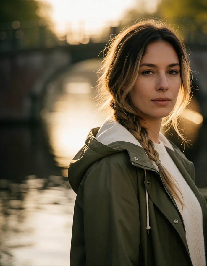Dutch woman in her mid-thirties with a dark-blonde side braid in an olive raincoat near a bridge