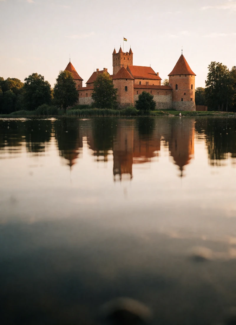 Red-brick Trakai island castle rising from a still lake with wooded shores in Lithuania at golden hour