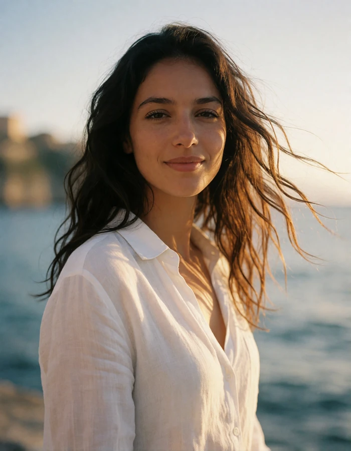 Italian woman in her late twenties with long dark wavy hair in a white linen shirt against a hazy Neapolitan bay