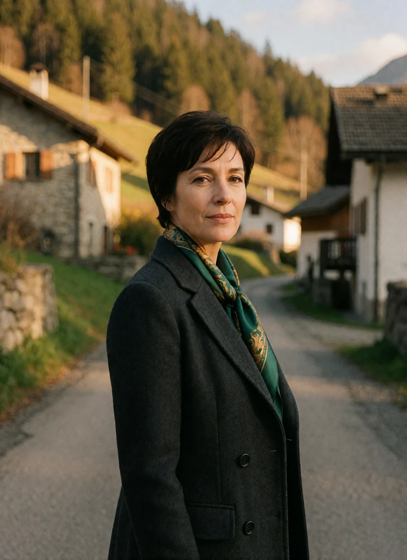 Woman in her late thirties with short dark hair on a quiet alpine village lane in a tailored charcoal coat