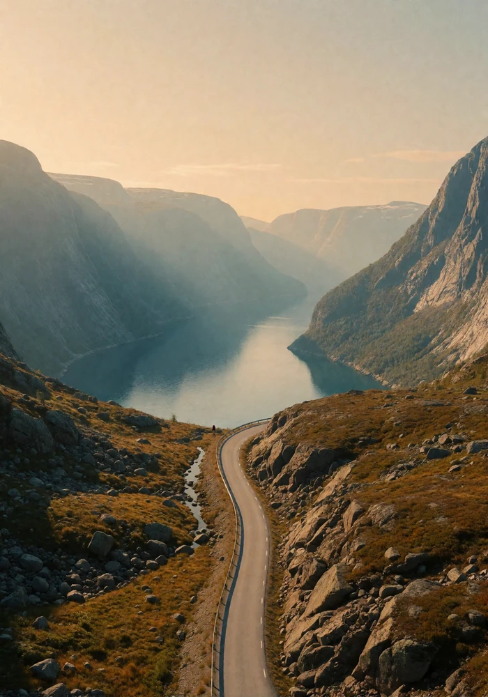 Narrow road winding between steep Norwegian mountains above a deep blue fjord