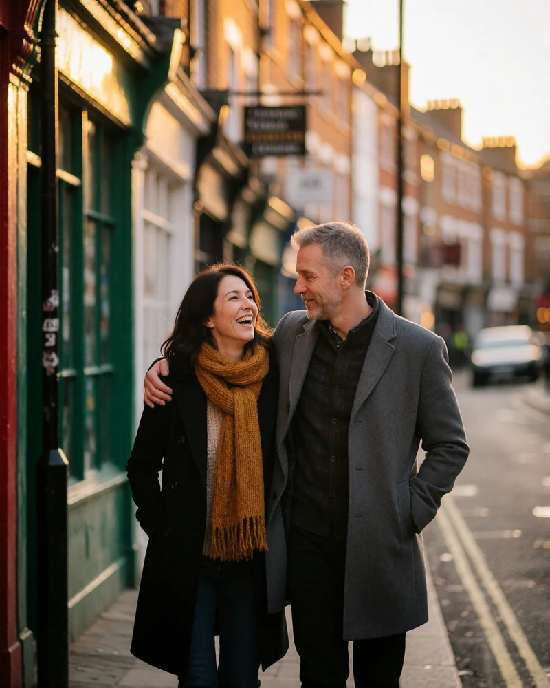 Couple in their forties walking arm in arm along a narrow London street lined with brick and painted shopfronts