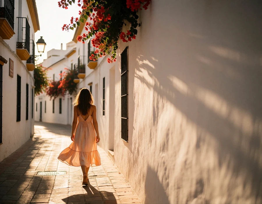 Woman in a flowing summer dress walking through a narrow whitewashed Sevillian street lined with flowering balconies at golden hour