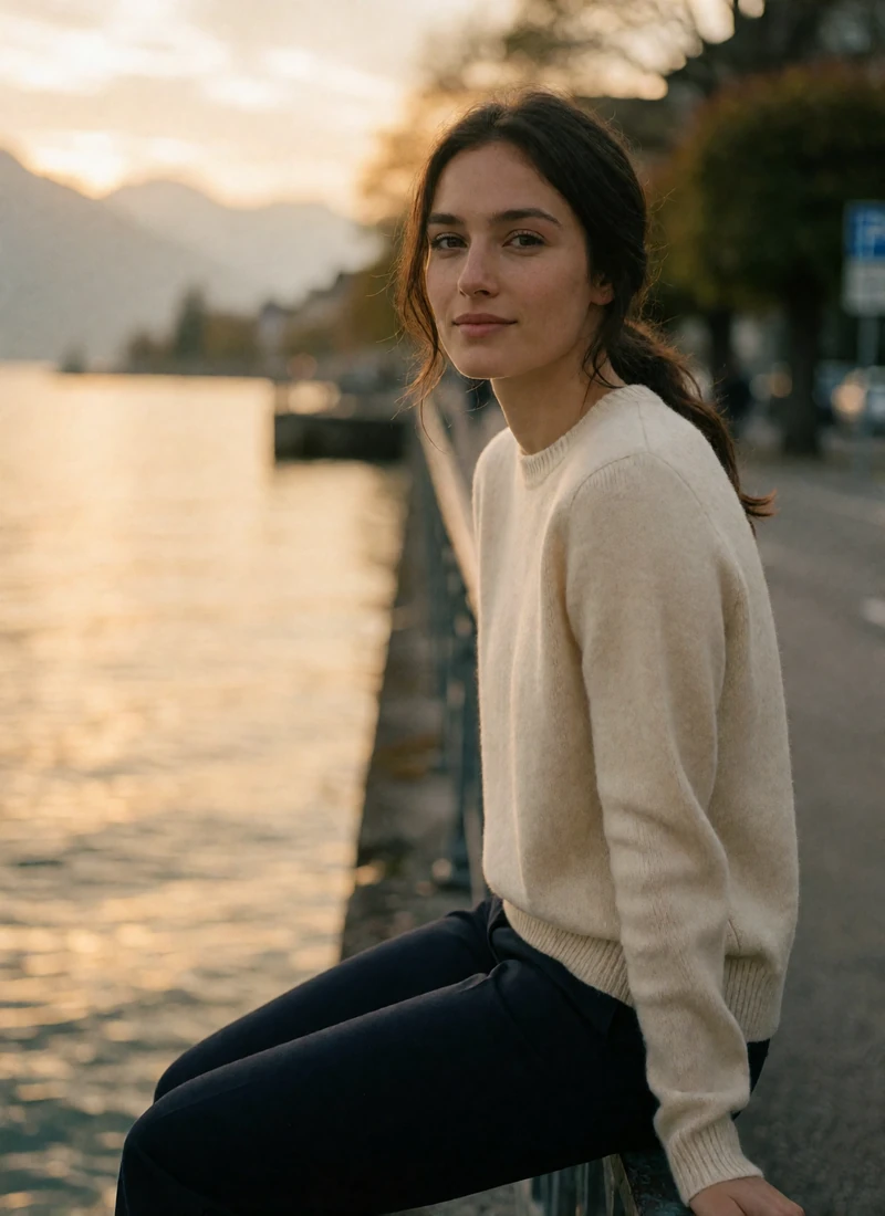 Swiss woman in her late twenties with dark brown hair sitting on a Lake Lucerne promenade railing