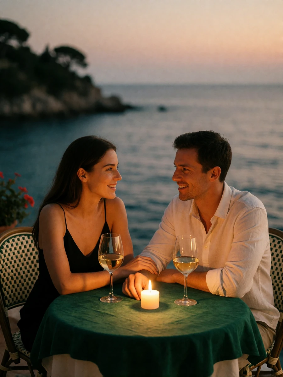 Couple sharing wine at a candlelit Riviera seaside terrace table at dusk
