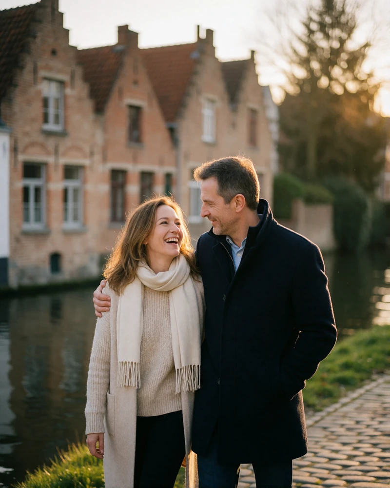 Couple in their forties walking arm in arm along a Bruges canal path with brick gable houses behind them