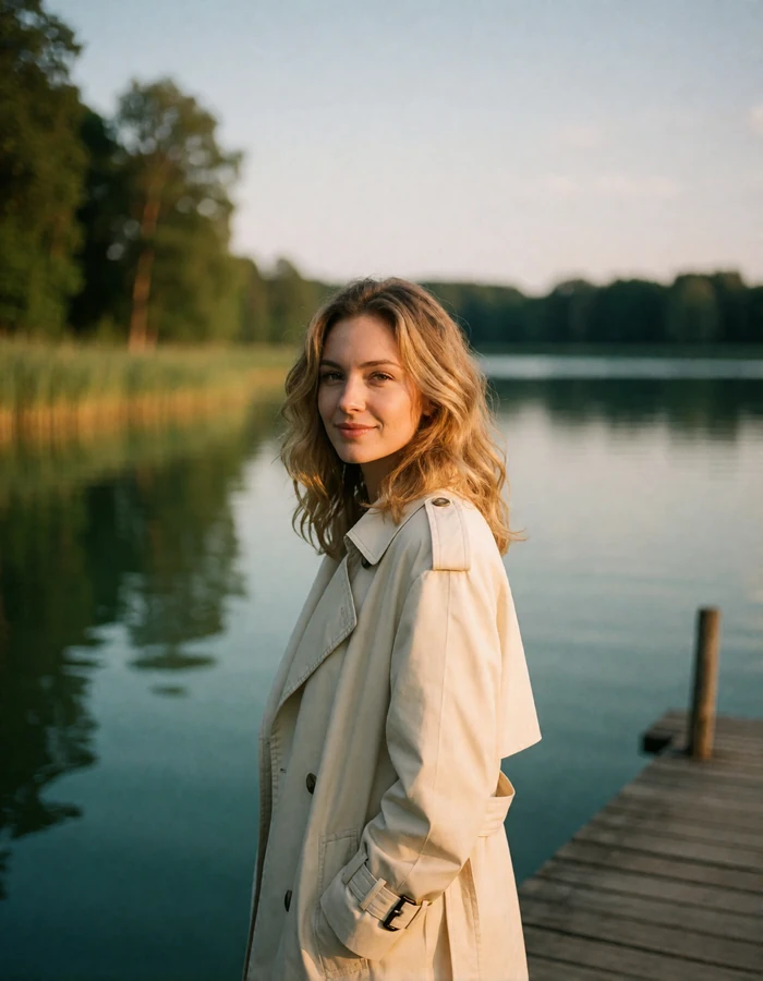 Lithuanian woman in a cream trench coat standing on a wooden jetty near Trakai lake