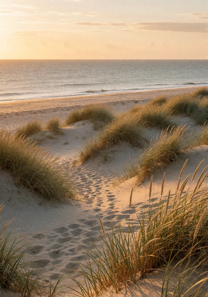 Pale Danish coastal dunes with wind-combed marram grass and a flat silver sea beyond