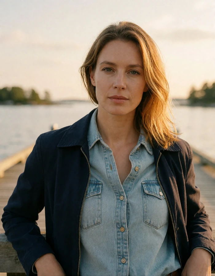 Swedish woman in her mid-thirties with honey-blonde hair and a navy jacket standing on an archipelago dock