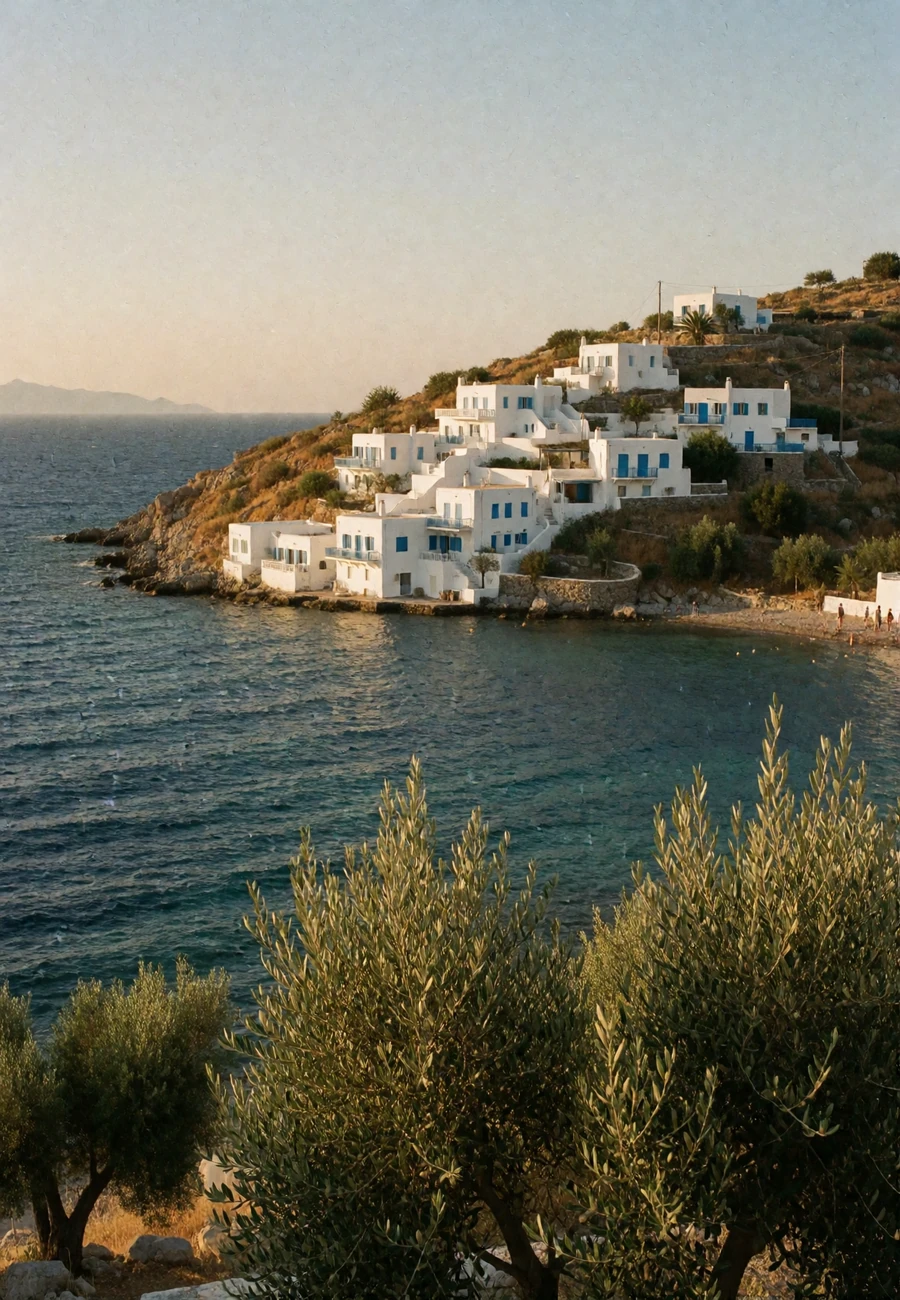 Whitewashed Greek island village stepping down a hillside toward a deep blue Aegean bay at golden hour