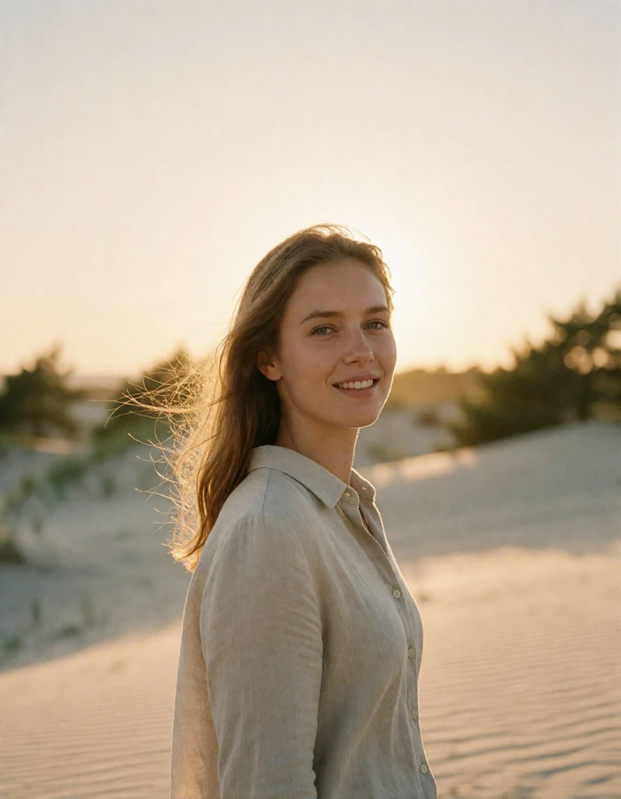 Lithuanian woman in a sand-colored linen shirt standing on the pale dunes of the Curonian Spit