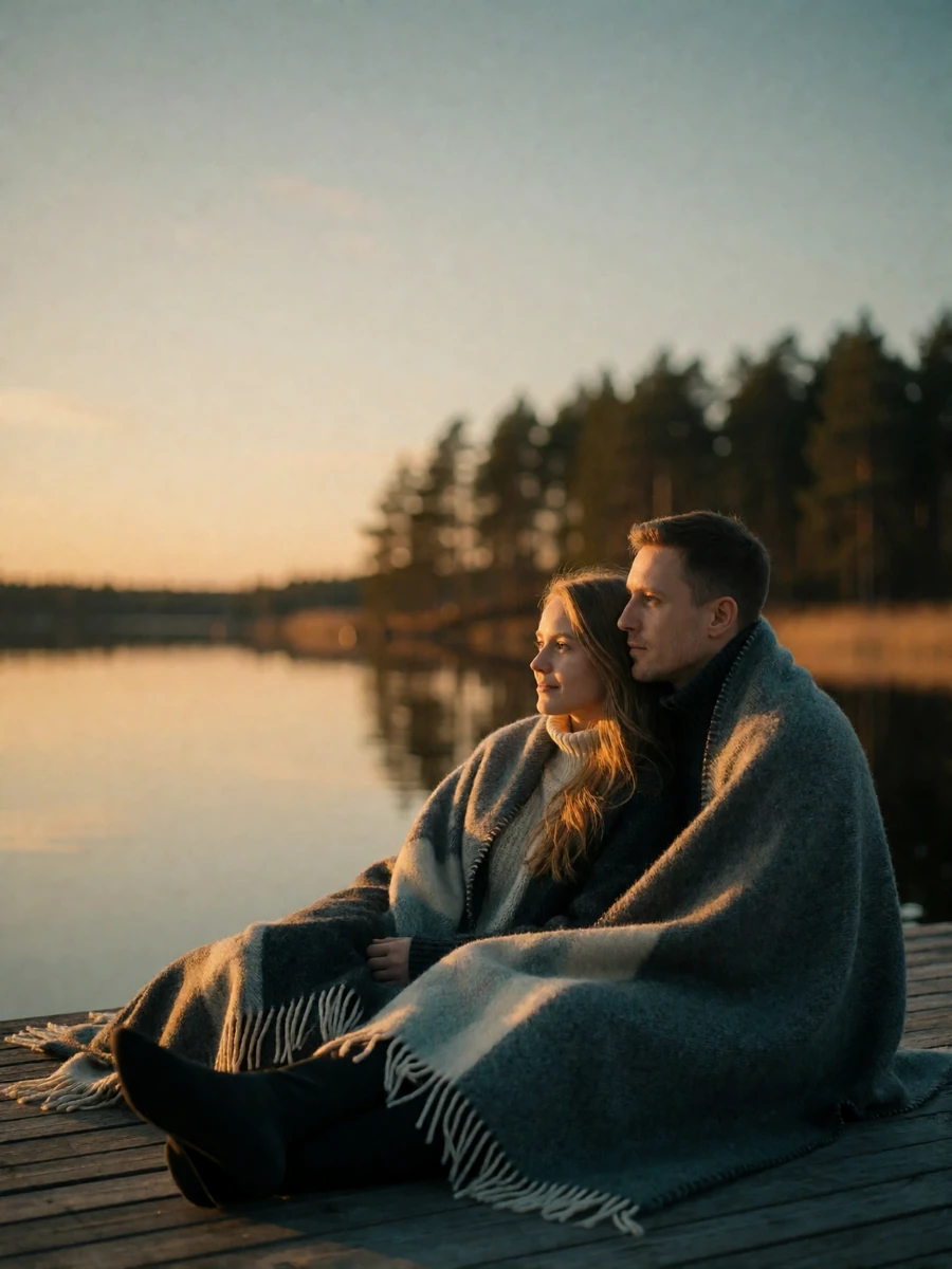 Couple wrapped in wool blankets sitting on a wooden jetty beside a still Finnish lake at sunset