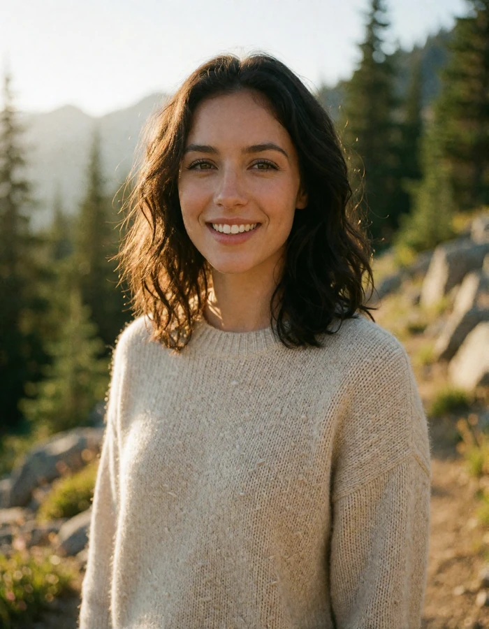Andorran woman in her late twenties with dark wavy hair on a mountain trail with pine slopes behind her