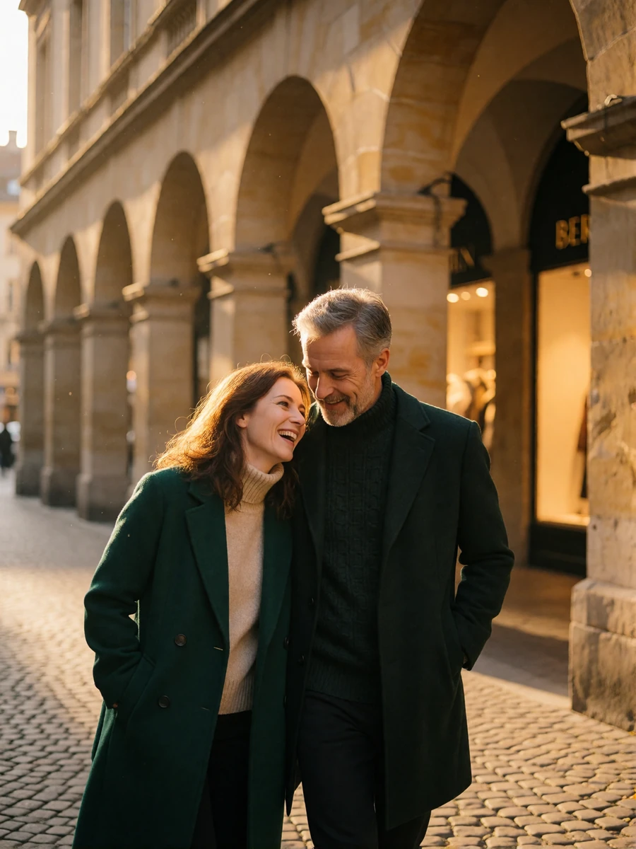 Couple in their forties walking arm in arm along a Bern arcade street in autumn coats