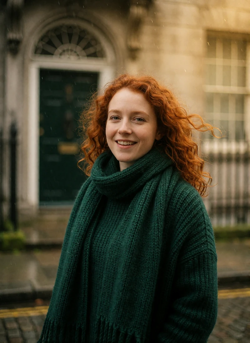 Irish woman with copper-red curls and a green scarf on a Georgian Dublin street