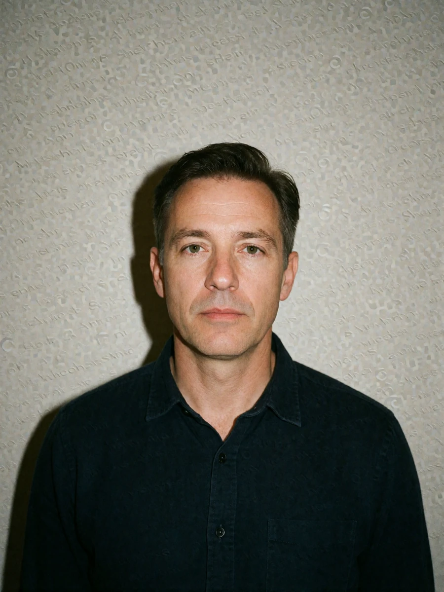 Man in his forties photographed indoors with a harsh direct flash that flattens his features against a plain wall