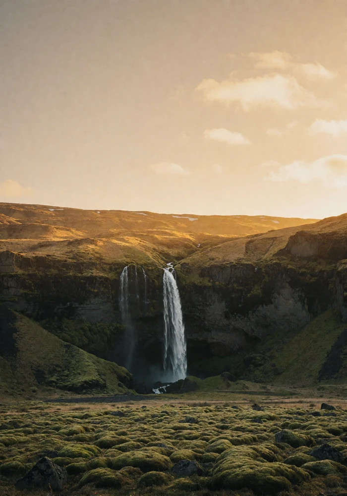Icelandic valley with a slim waterfall descending dark cliffs into mossy ground