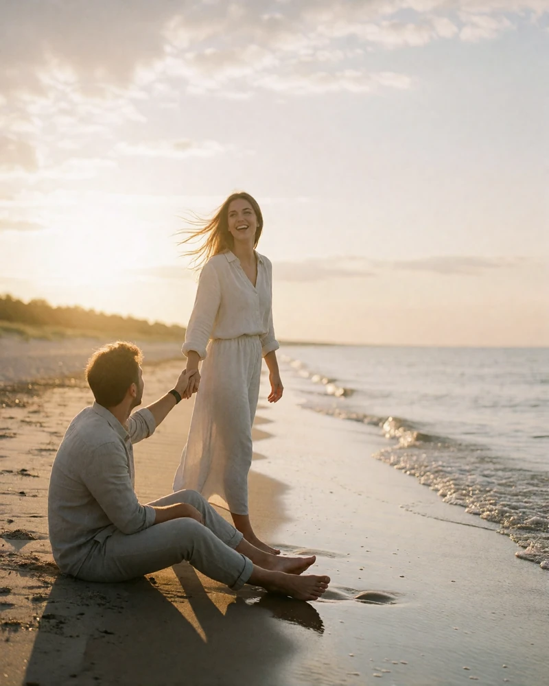 Couple walking barefoot along a wide Baltic Sea shoreline near Jurmala at golden hour