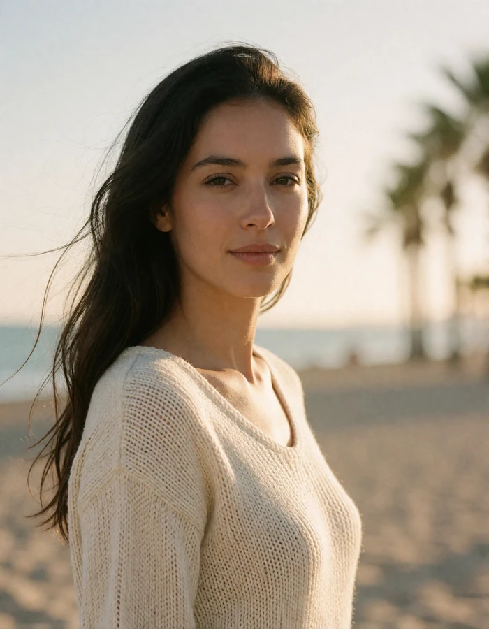 Spanish woman in her early thirties with long dark hair lifted by sea breeze on a Valencian promenade at golden hour