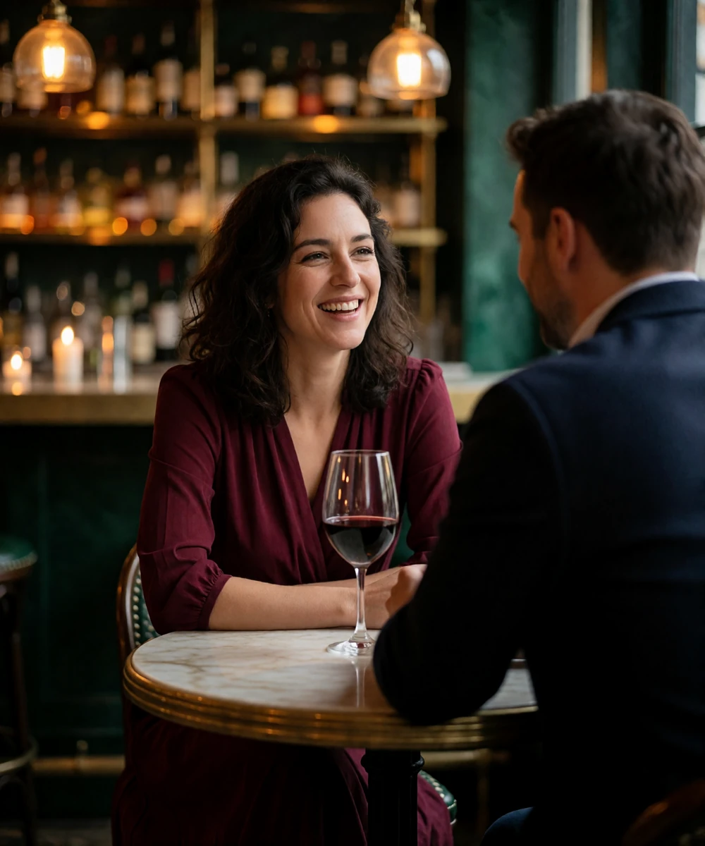 Woman in a burgundy dress laughing during conversation at a small marble table in a dim European cocktail bar