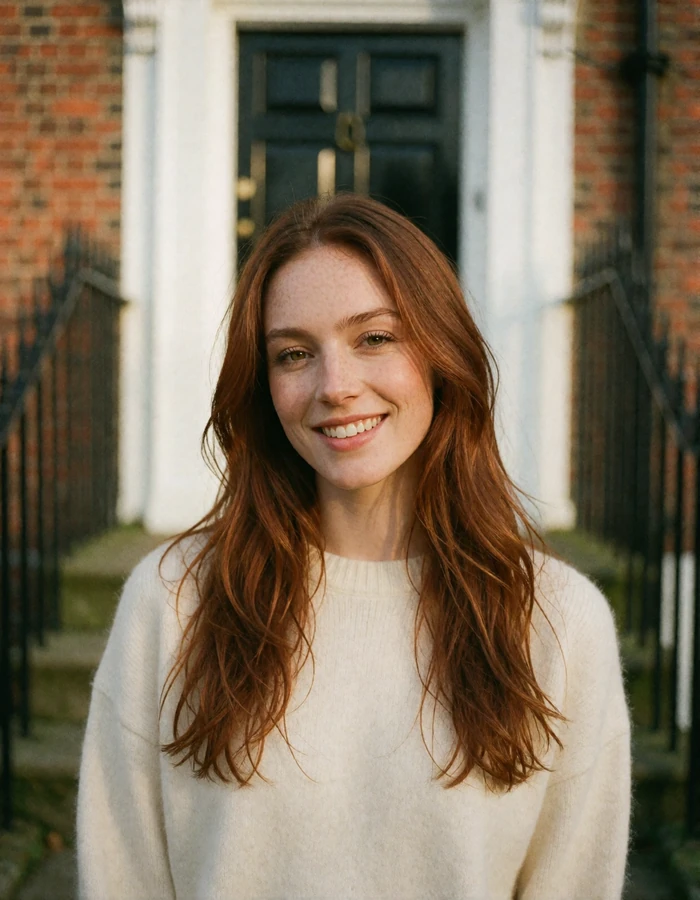 Irish woman in her late twenties with long auburn hair standing before a Georgian townhouse doorway in Dublin