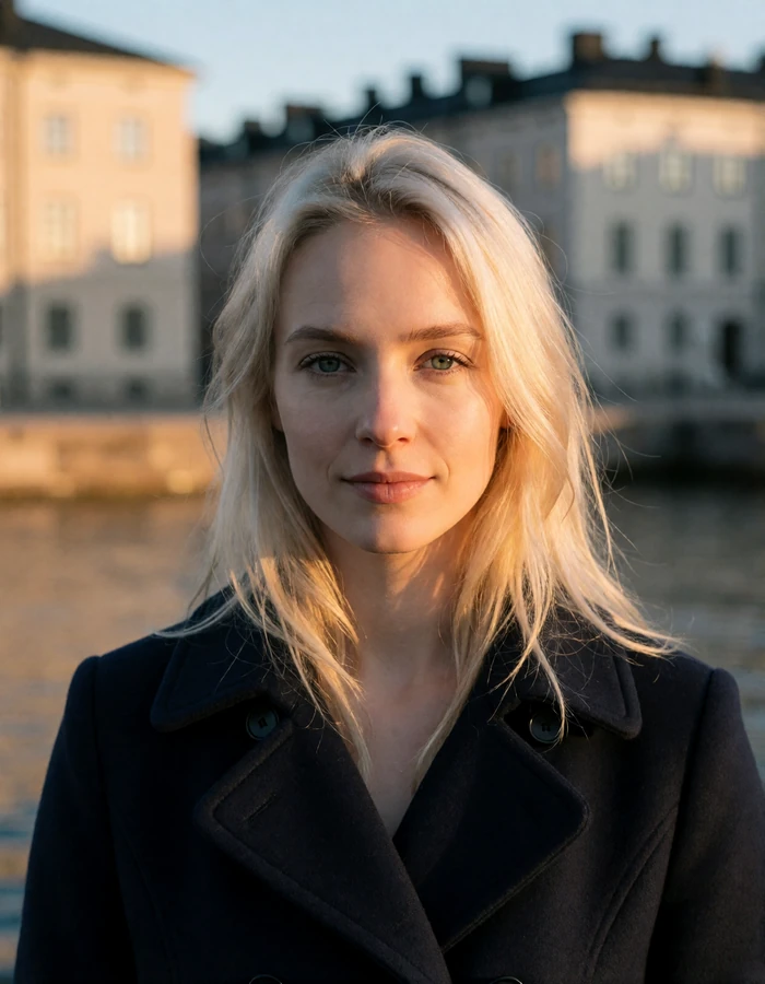 Finnish woman in a navy peacoat near the Helsinki harbor with pale stone quay buildings behind her