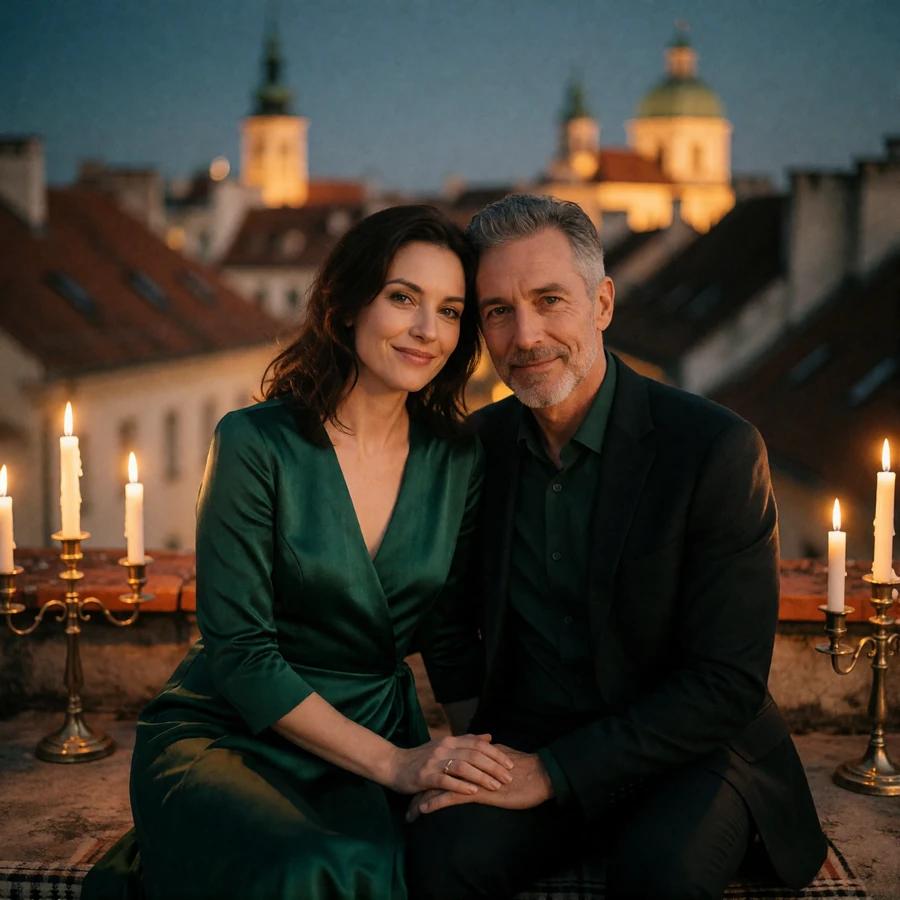 Couple in their late forties sitting close on a rooftop terrace above a glowing European old town