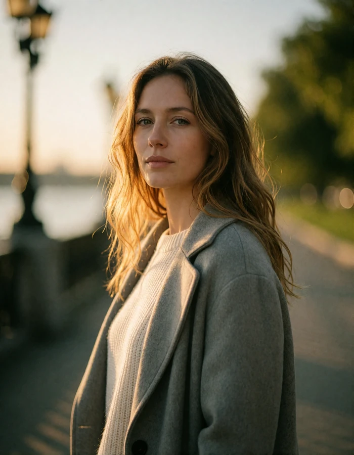 British woman in her thirties with honey-brown waves and a grey coat on a riverside promenade at dusk